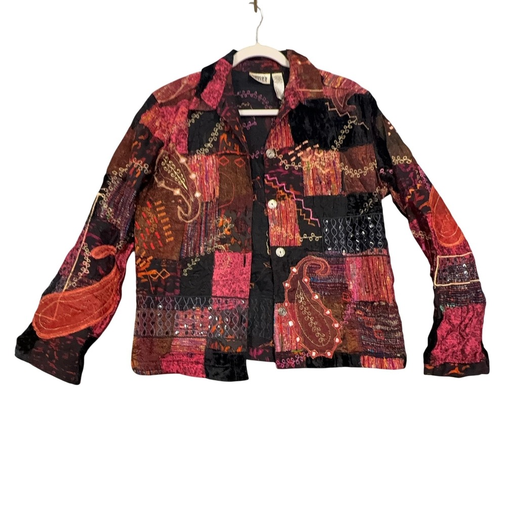 Vintage Chico's Design Jacket Womens‎ 1 Multicolor Paisley Velvet Boho Sequin